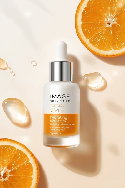 A high-quality, professional product shot of a hydrating face serum bottle surrounded by fresh orange slices and liquid droplets on a clean, light background.